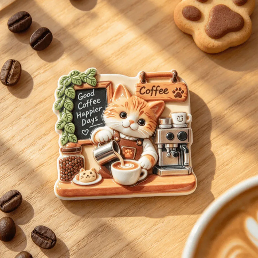 3D Resin Kitten Barista Fridge Magnet Creative Embossed Magnetic Sticker Home Decoration Cute Gift Souvenir