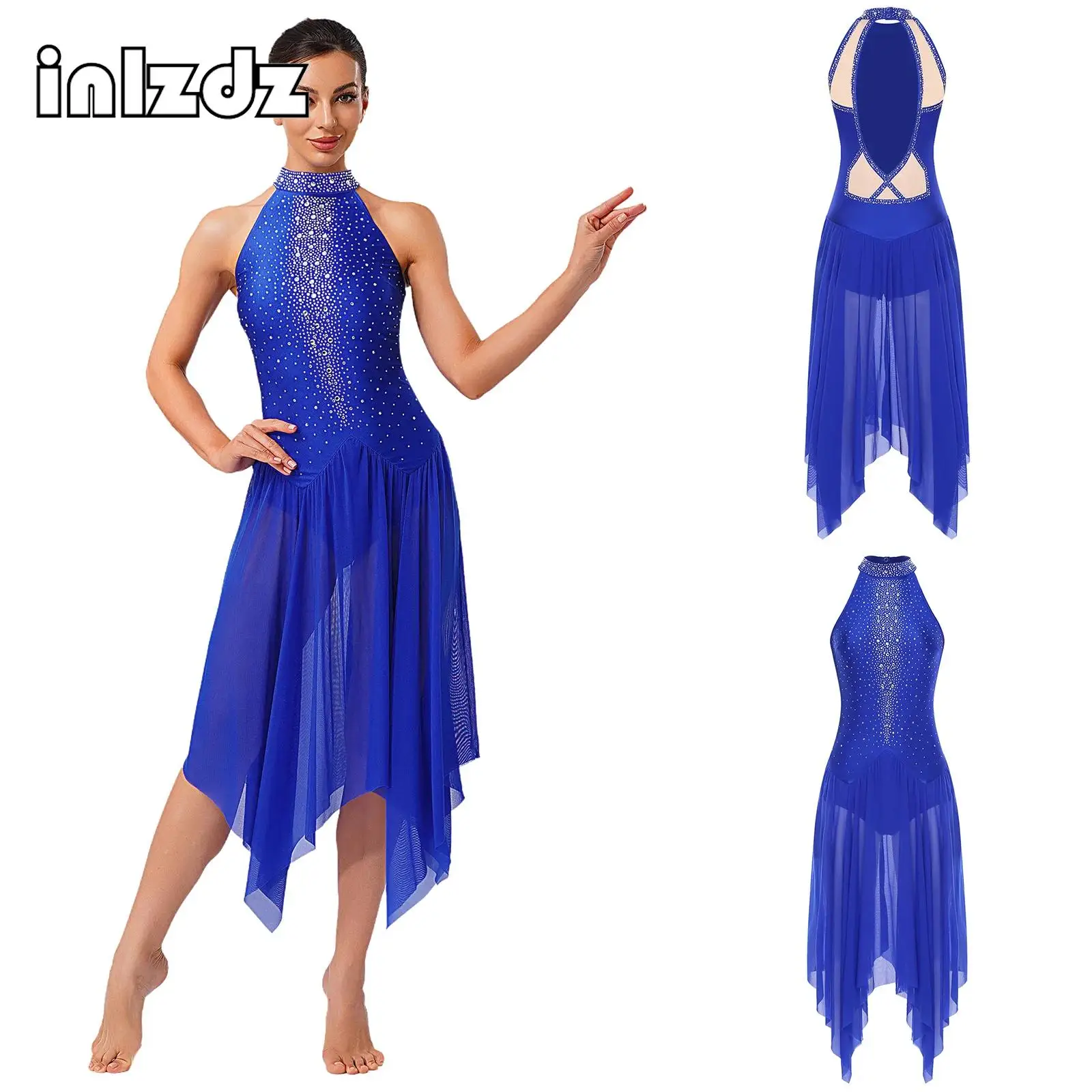 Womens Lyrical Dance Dress Back Hollow Out Leotard Dress Female Shiny Performance Clothing Figure Skating Gymnastics Active Wear
