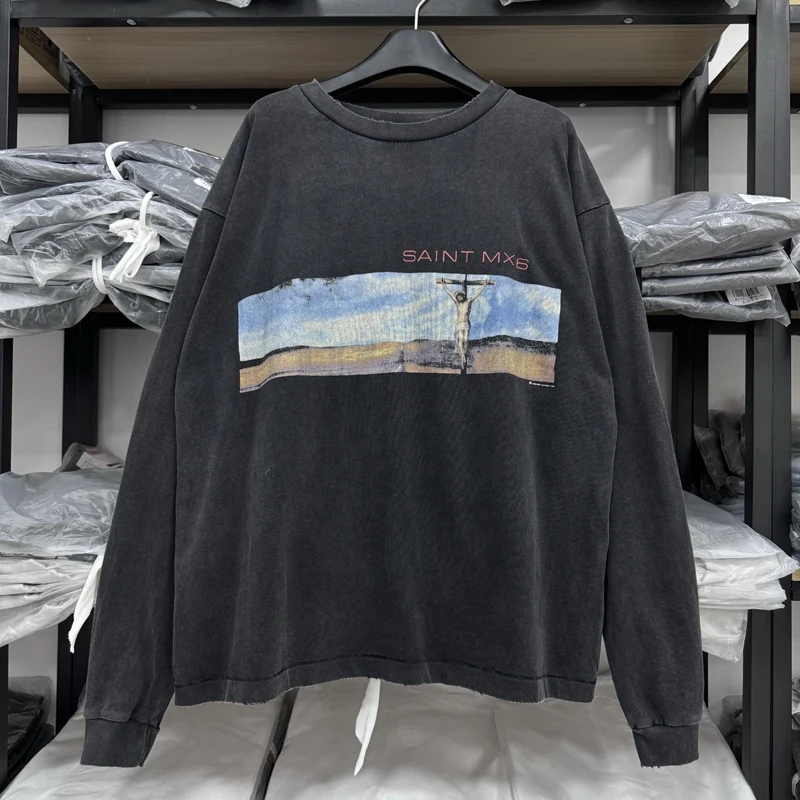 

Свободная длинная футболка с принтом в стиле ретро: голубые облака, модная, для ранней осени, в американском стиле High Street