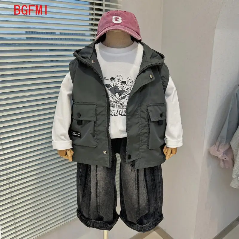 Children\'s Zipper Vest Spring Autumn Korean New Vestcost Boys Handsome Fashionable Versatile Hooded Sleeveless Inner Lining Coat