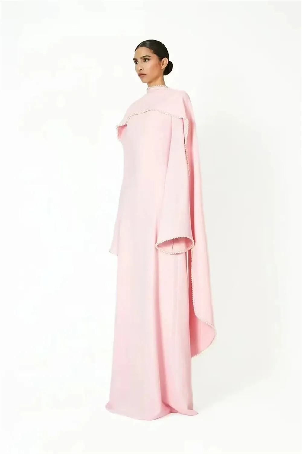 Custom pink floor-length evening gown with classic round neck and matching shawl, loose long sleeves flatter arms. Fitted waist