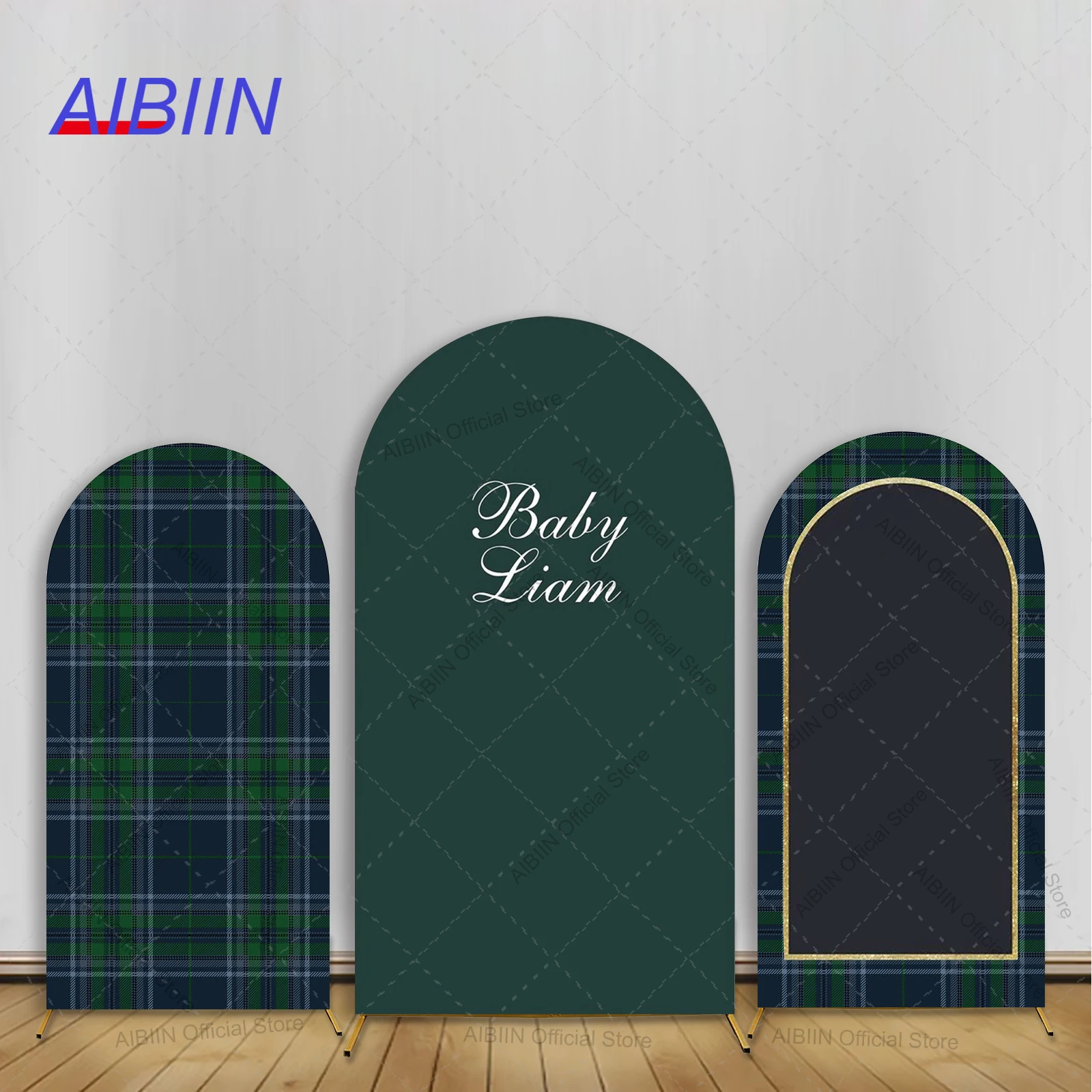 Couverture d'arrière-plan en arc de texte personnalisé, grille Tartan à carreaux verts, couleur unie, décor de fête d'anniversaire pour garçon, réception-cadeau pour bébé, gâteau, Portrait Photozone