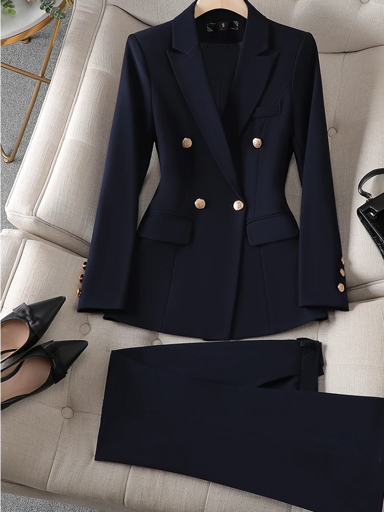 Gray Black Blue White Fashion Women Pant Suit Long Sleeve Solid Ladies Blazer and Trouser Formal 2 Piece Set For Autumn Winter