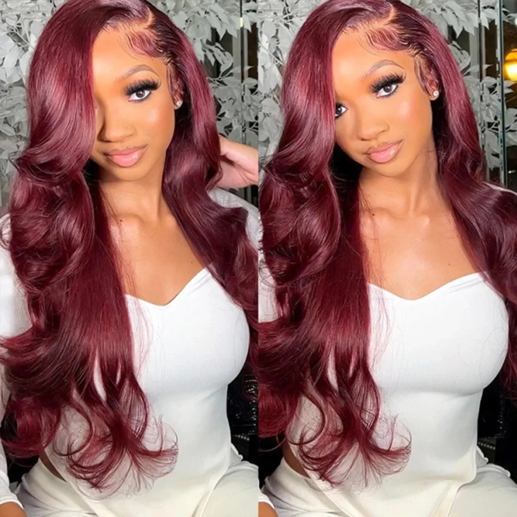 

30 Inch 99J Burgundy Body Wave Wigs Human Hair 13x4 HD Transparent Lace Front Wigs Human Hair 200 Density Pre Plucked Human Hair