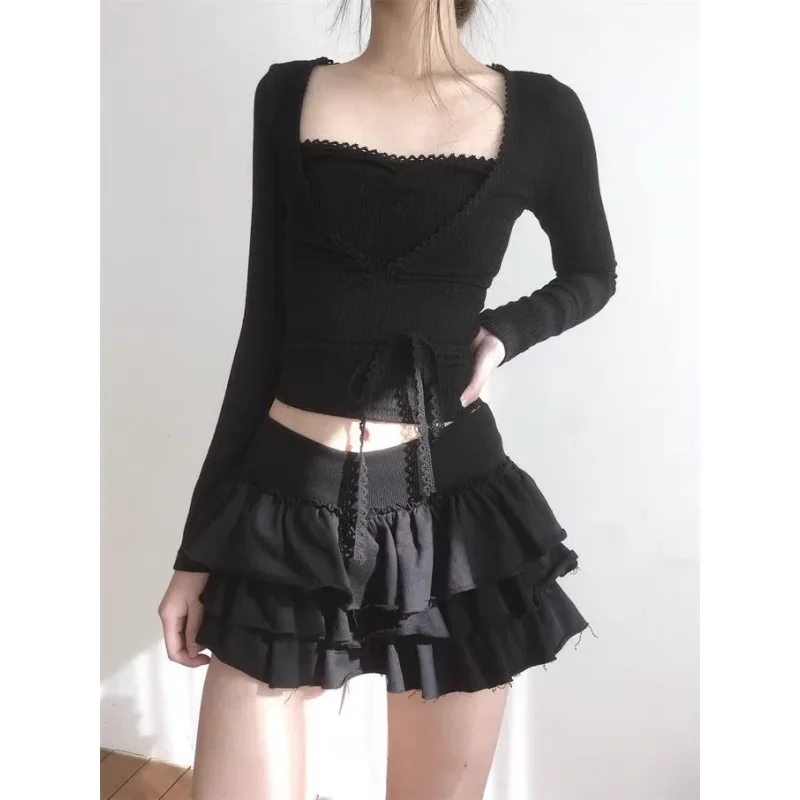 Harajuku Y2k Lolita Mini Cake Skirt Soft Girl low Waist Ruffle Fluffy Fairy Skirts Summer Kawaii Cute Elegant Short Skirt Black