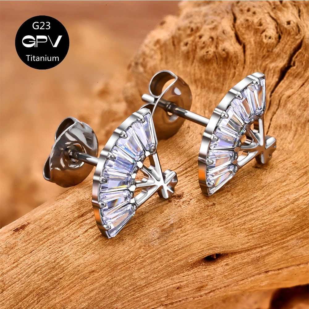 Wholesale ASTM G23 Titanium Earrings With Butterfly Buckle Luxury ZC Spider Web Fan Perforated Jewelry Ear Bone Studs