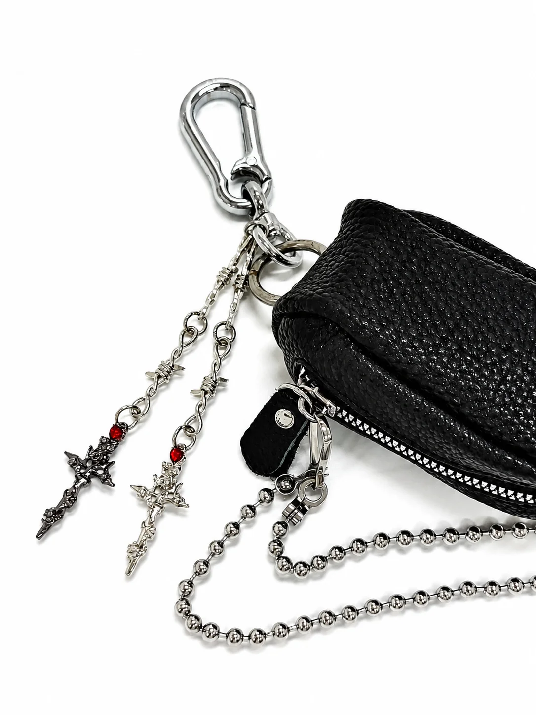 Gotischer Dornenkreuz-Münzbeutel-Schlüsselanhänger mit Doppelkreuz-Anhängern, Mini-Reißverschluss-Geldbörsen-Taschenanhänger, Punk-Street-Fashion-Anhänger – Detail 5