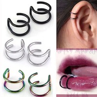 2Pcs 316L Stainless Steel Fake Ear Piercing Jewelry, Clip on Ear Cuffs Fake Lip Ring Non Piercing Labret Rings for Women Men