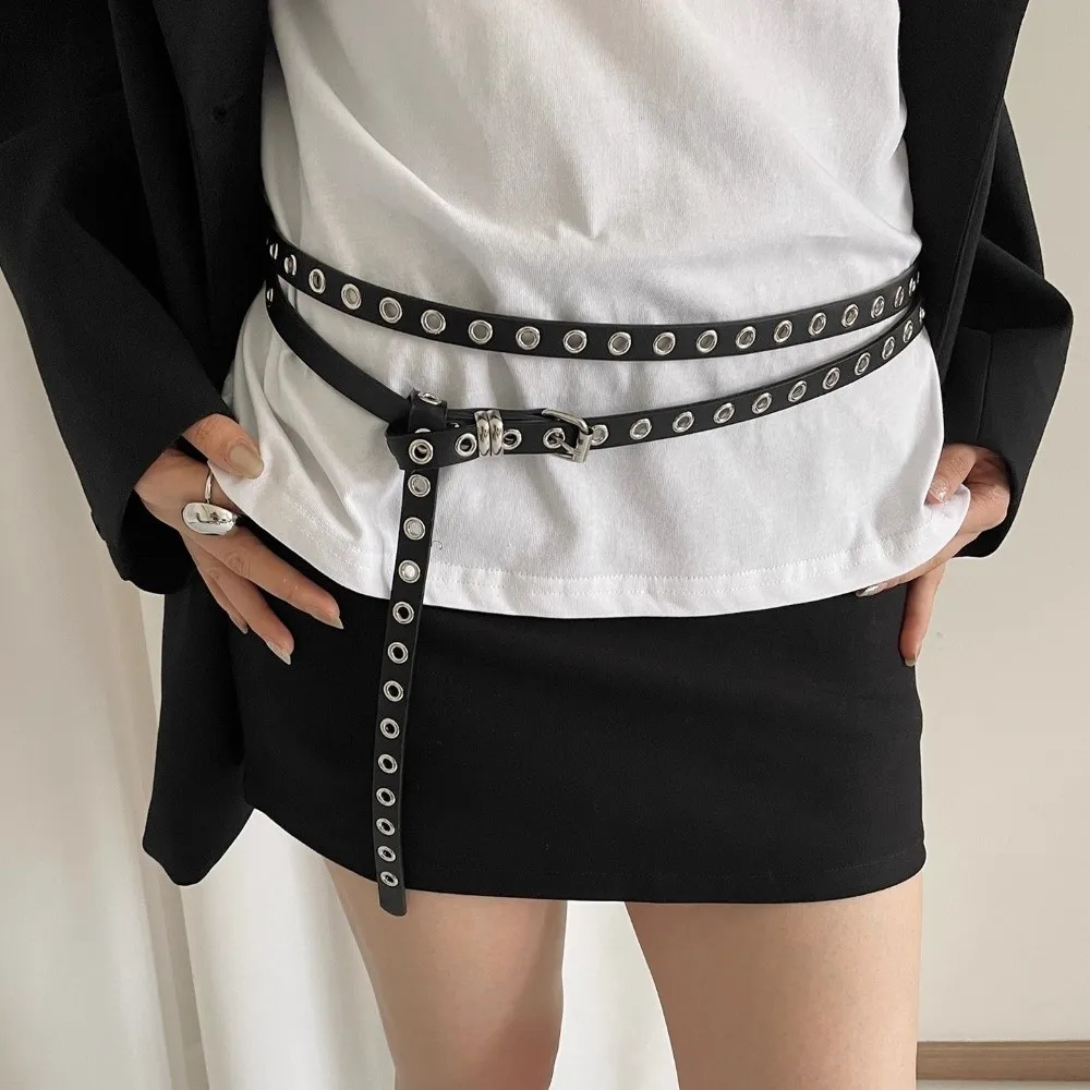 Adjustable PU Leather Waist Belt Extra Long Thin Gothic Double Layer Circle Chain Punk Retro Rivet Eyelet Knotted Belt