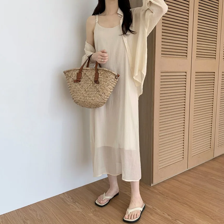 

Chic Summer 2026 Women's Two-Piece Set Long Sleeve Shirt And Halter Dress High Waist Flattering Casual Fashion Korean Style