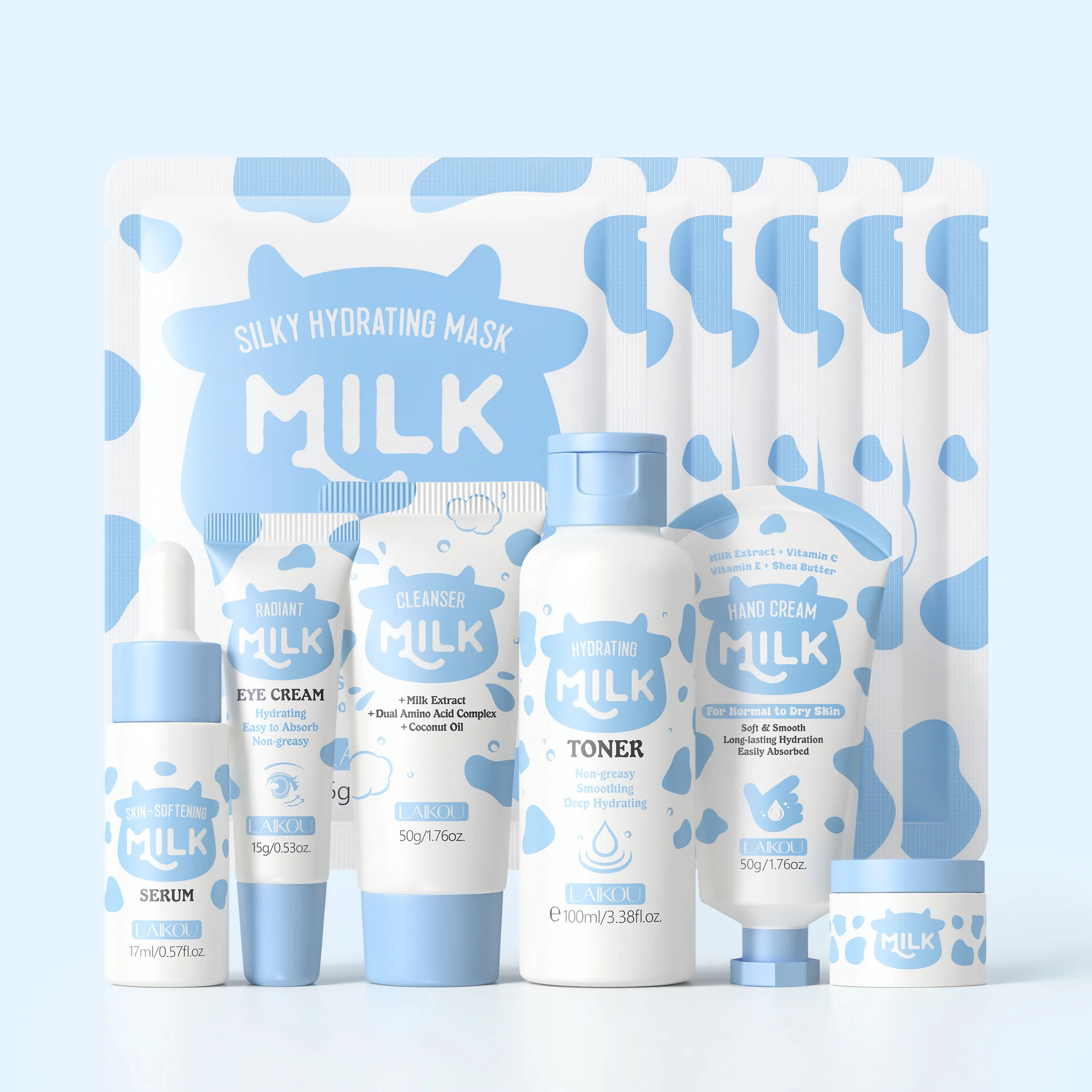 LAIKOU Milk Full‑Set Skin Care Kit,Cleanser Toner Serum Eye Cream Face Cream Hand Cream,5pcs Facial Sheet Mask,Hydrating Nourish