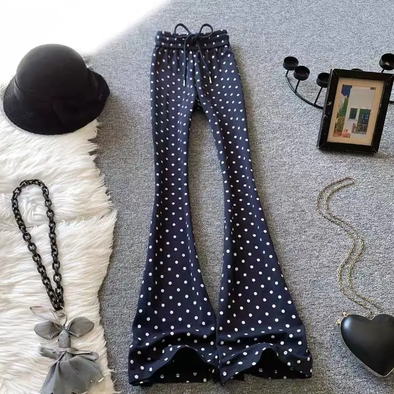High Waist Polka Dot Micro-pull Pants Women's Spring New Slim-fitting and Thin Casual Sports Trousers Elastic Waist Flared Pants
