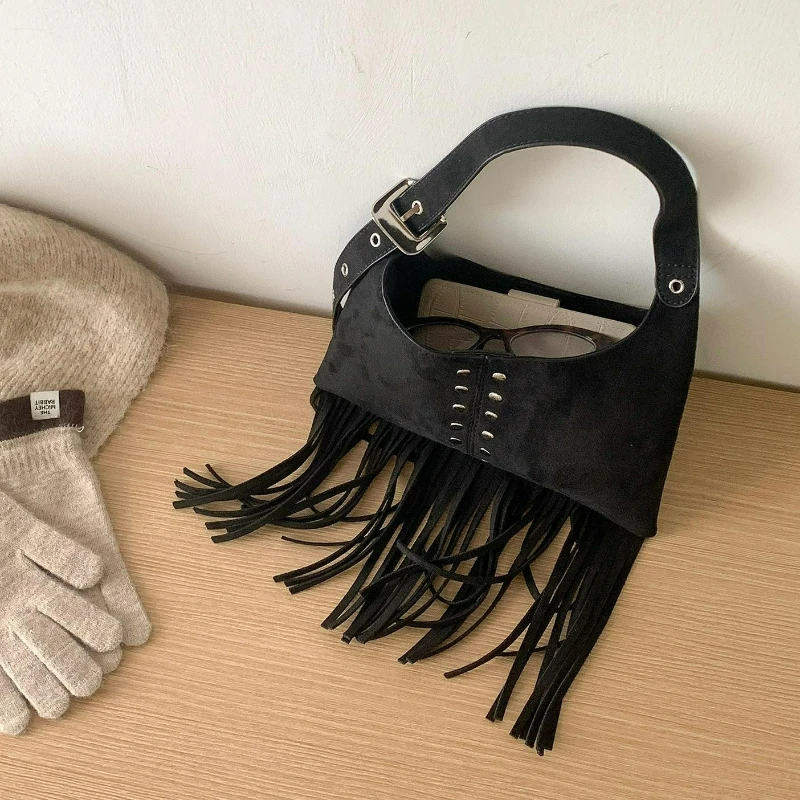 Vintage Suede Shoulder Bag for Women Trendy Studded Fringe Handle Bag Fall Winter Fashion Texture and Versatile Storage Bags