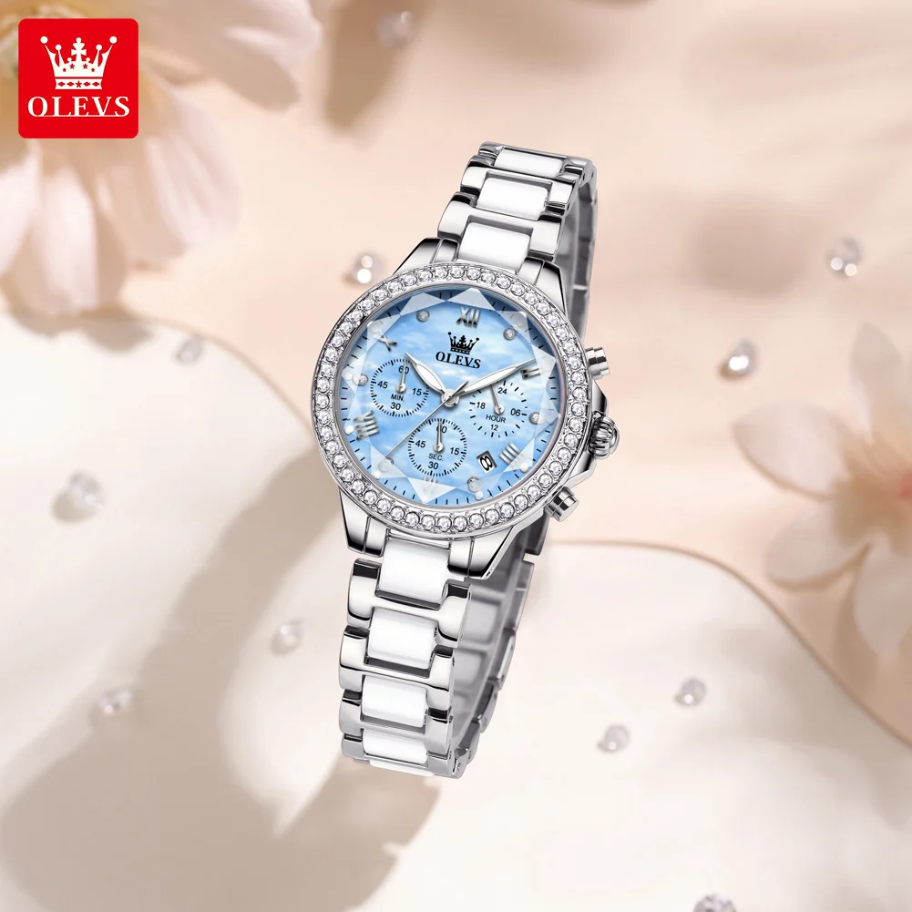 OLEVS 9999 Elegant Ladies Quartz Watch Women Tiffany Blue Waterproof Wrist Watches Fashion Ceramic Steel Strap Hand Clock Gifts