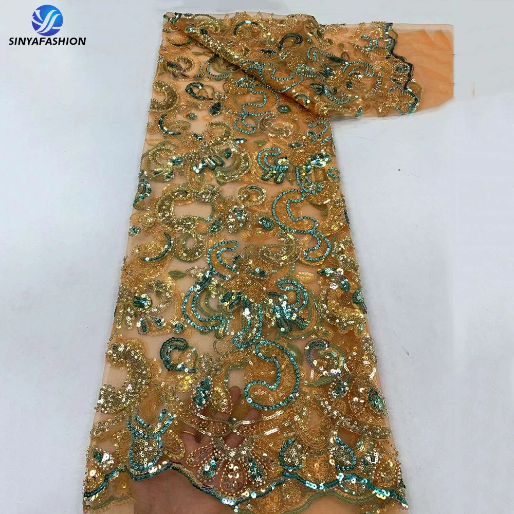 

Shiny Fully Sequins Beaded Lace Bridal Fabric Luxury High Quality Sinya African Nigerian French Embroidery Couture Materials