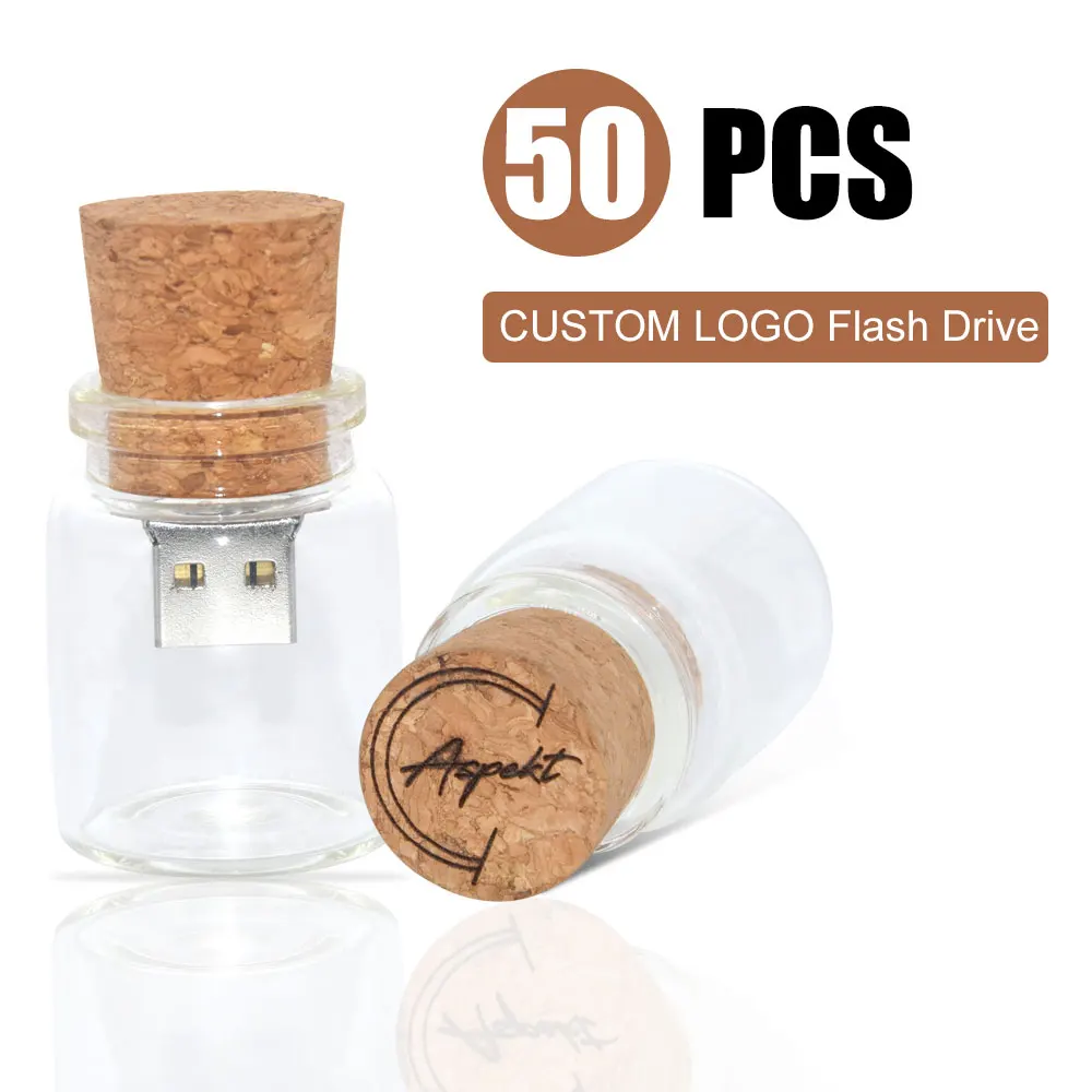 50pcs/lot USB2.0 Glass Drift Bottle Cork Flash Drive Stick Pendrive 4GB 8GB 16GB 32GB 64GB 128GB Free Logo Creative Wedding Gift