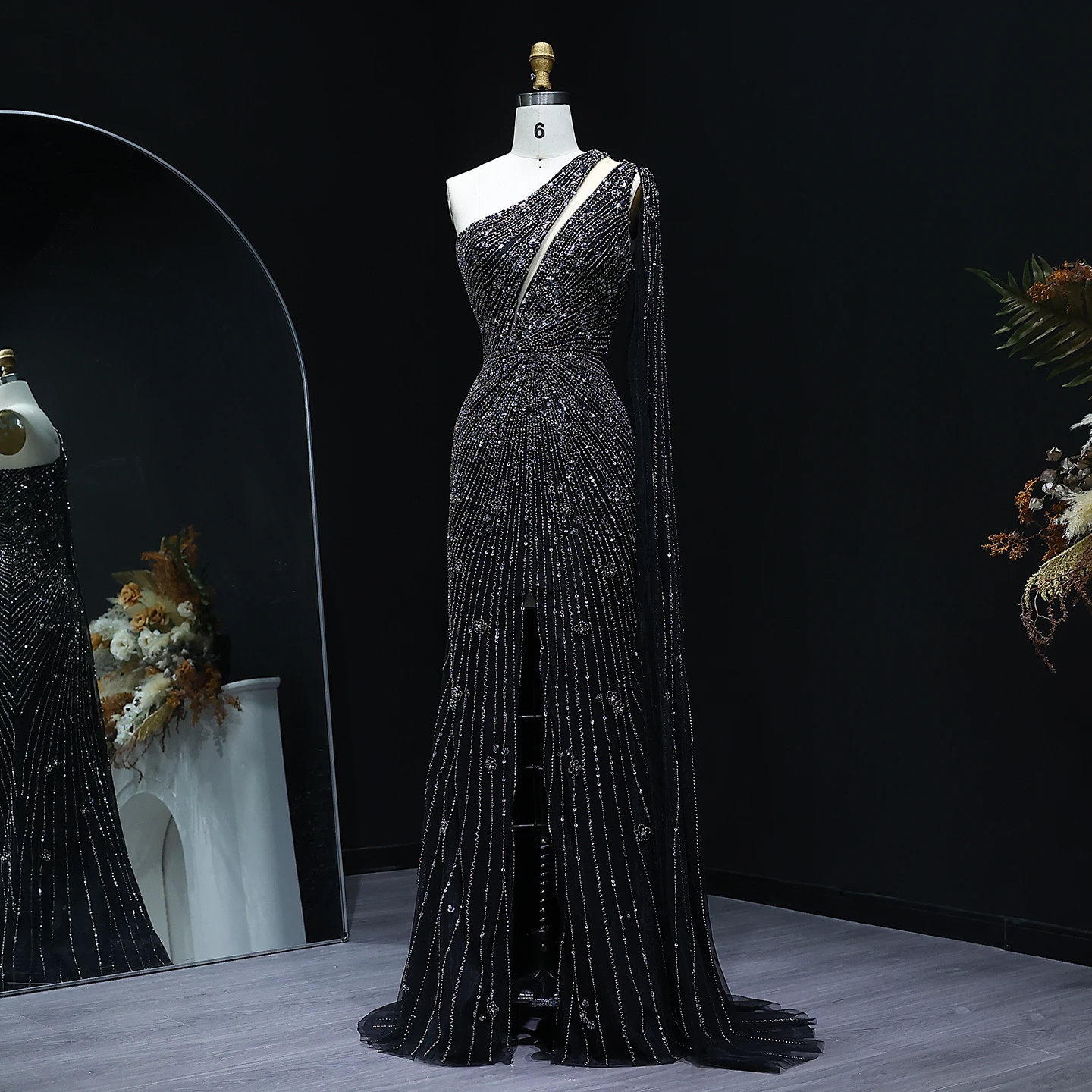 Sharon Said Elegant One Shoulder Beaded Mermaid Black Evening Gown with Flowing Cape Yellow Formal Party Dress SS317 Customized image 3