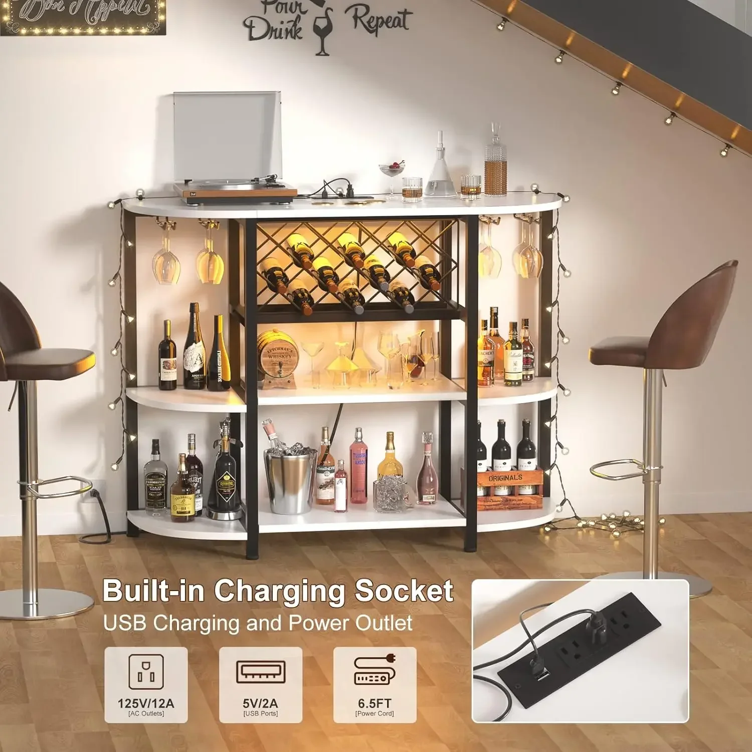 Bar Table Cabinet with Charging Station,Wine Rack Table with LED light and Storage, Freestanding Floor Bar Cabinet for Liquor