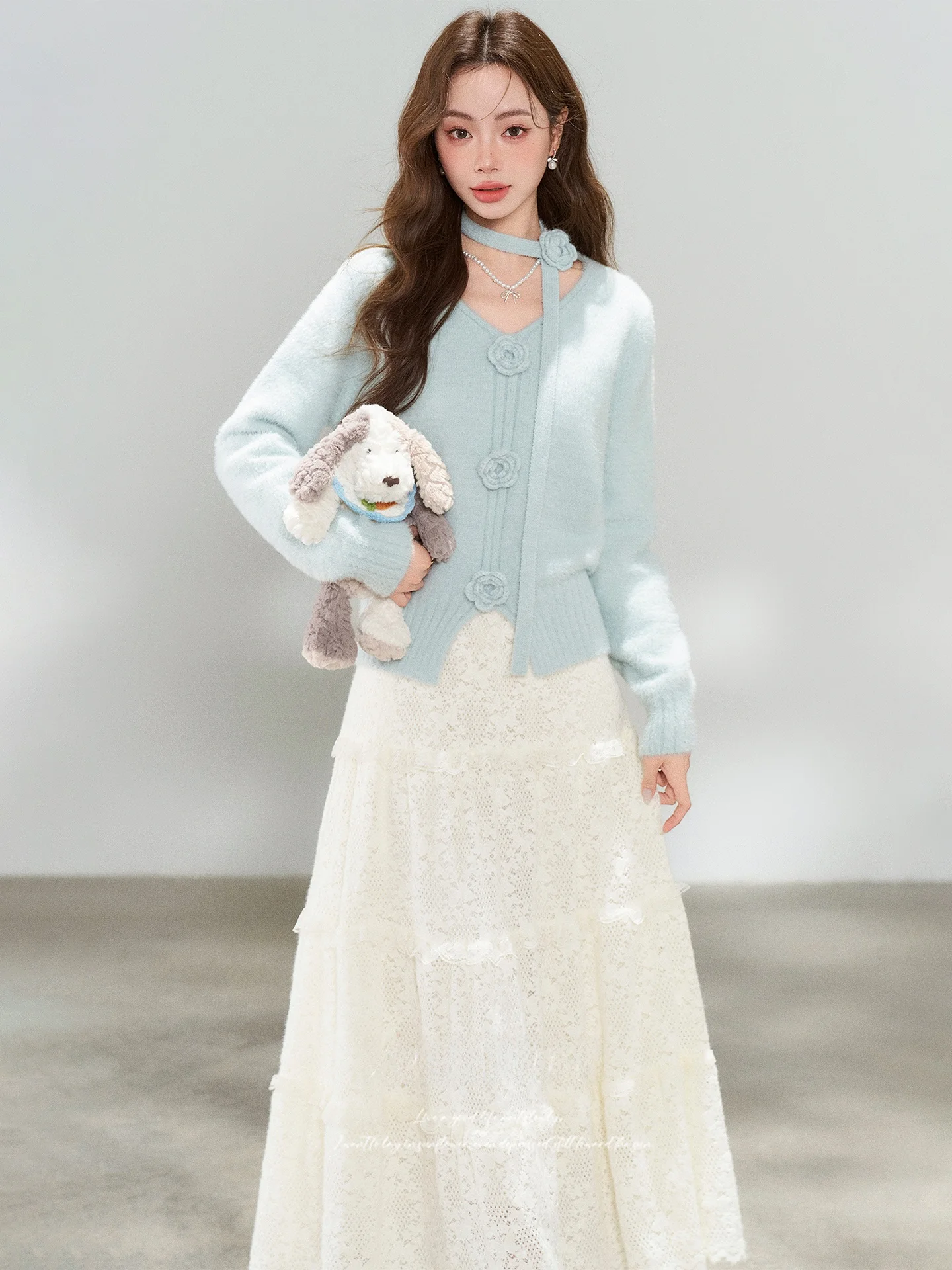 

Ele комплект из двух предметов для женщин, нежная ветровая юбка с высокой талией, вязаный свитер, зимний модный повседневный рабочий наряд для свиданий