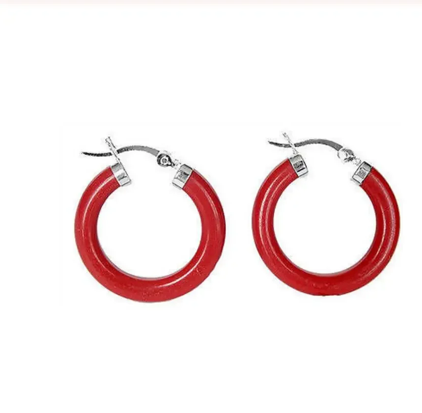 

A Fashion Red Coral 925 Sterling Silver Hook Circle Dangle Earrings
