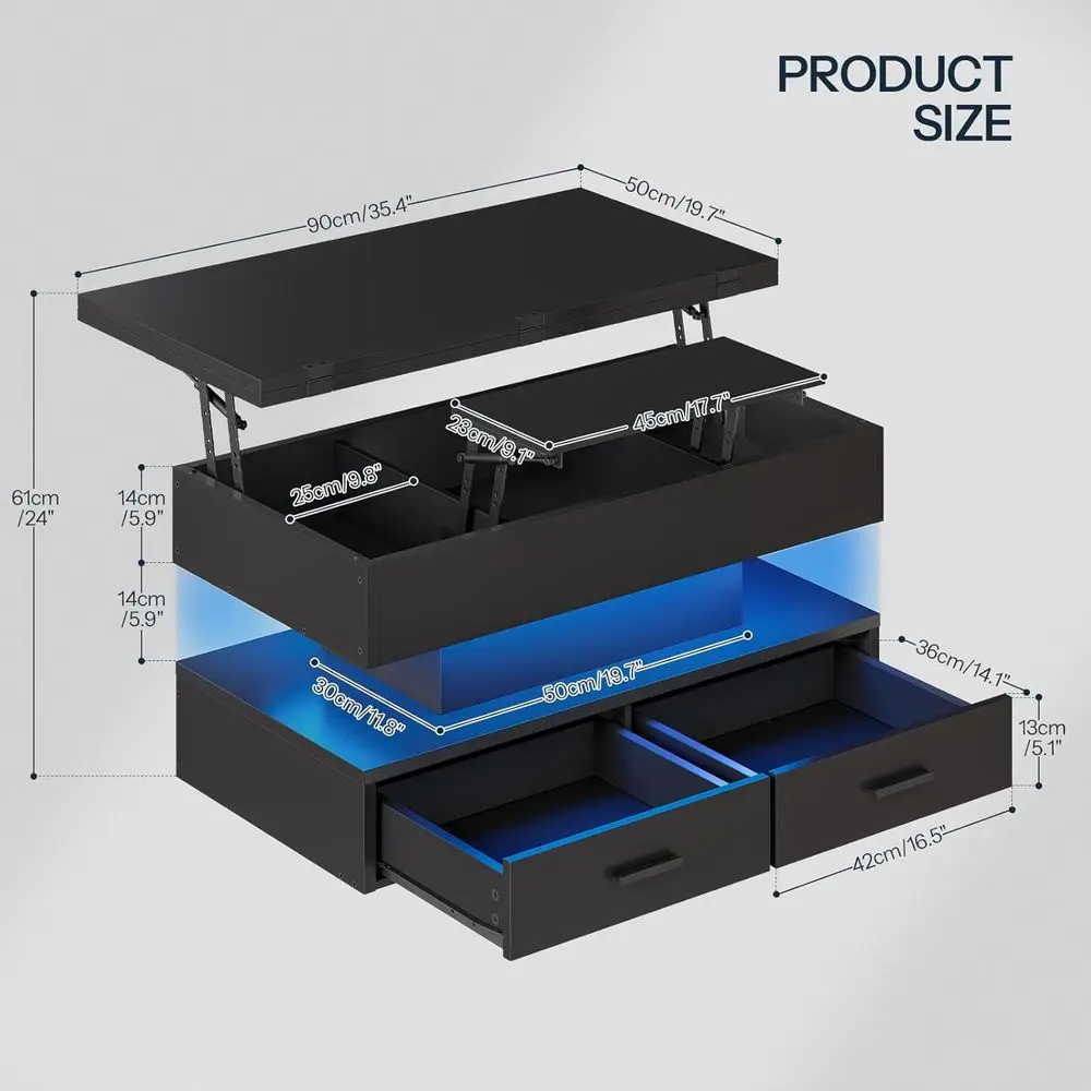 Lit Top Coee Table with Led Light, 4 in 1 Coee Table with Storage, Center Table with Hidden Comparent, or Living Room and Dining