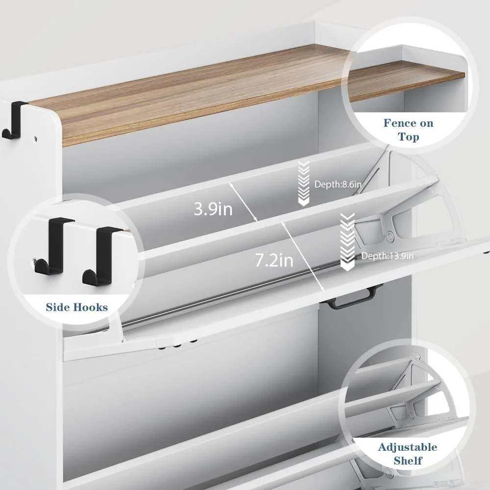 خزانة أحذية المزرعة مع درجين قابلين للطي، ولوحة خلفية، وأرفف قابلة للإزالة وخطافين متحركين، وأقدام معدنية قابلة للتعديل، ودخول ريفي