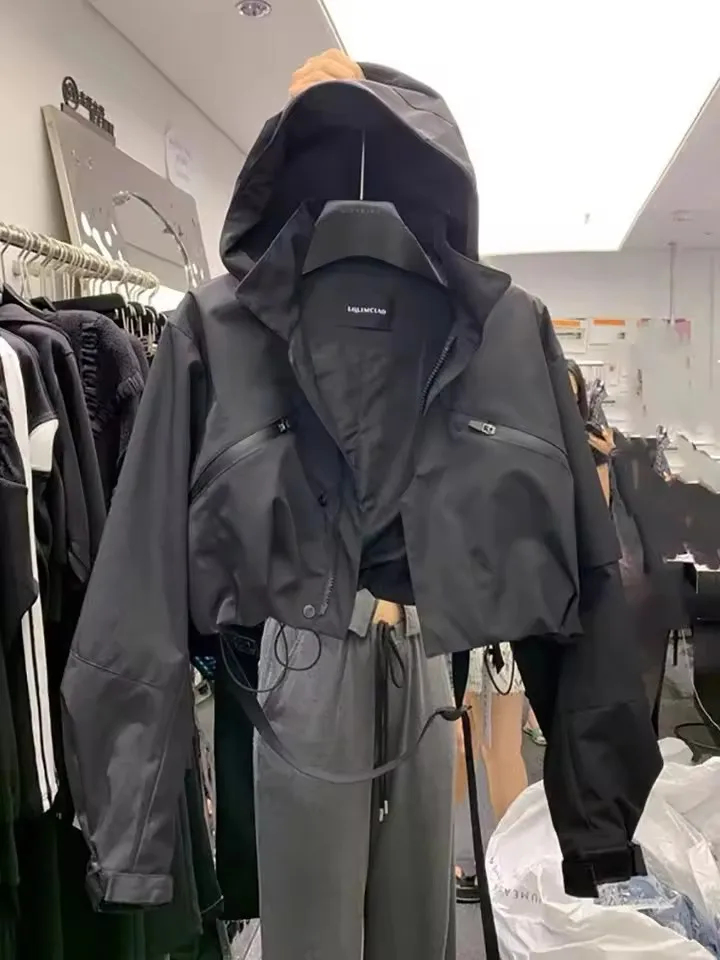 Fashion Short Hooded Jacket 2025 New Spring Black Loose Motorcycle Coats Female Street  Windbreak Short Basic Coat