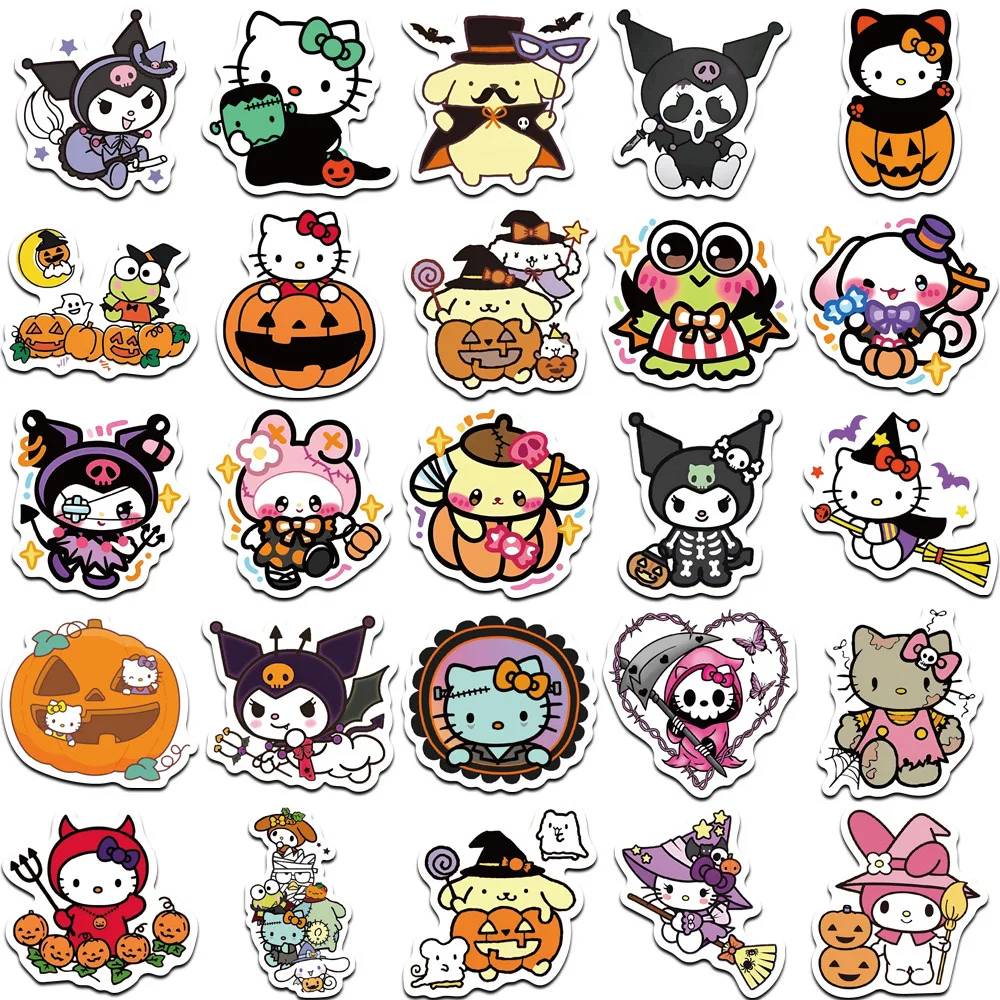 10/52PCS Cute Halloween Cartoon Sanrio Stickers Toys Funny Hello Kitty Decals DIY Waterproof Phone Fridge Suitcase Stationery