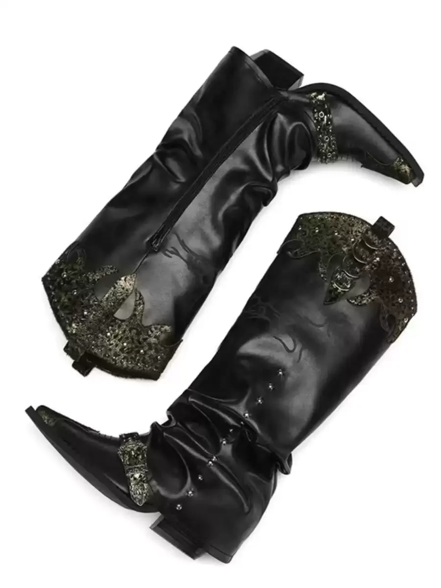 New Autumn/Winter Women's Black Chunky Heel Rivet Buckle Side Zipper Patchwork Western Boots Square Toe Trendy Street Long Boots 5