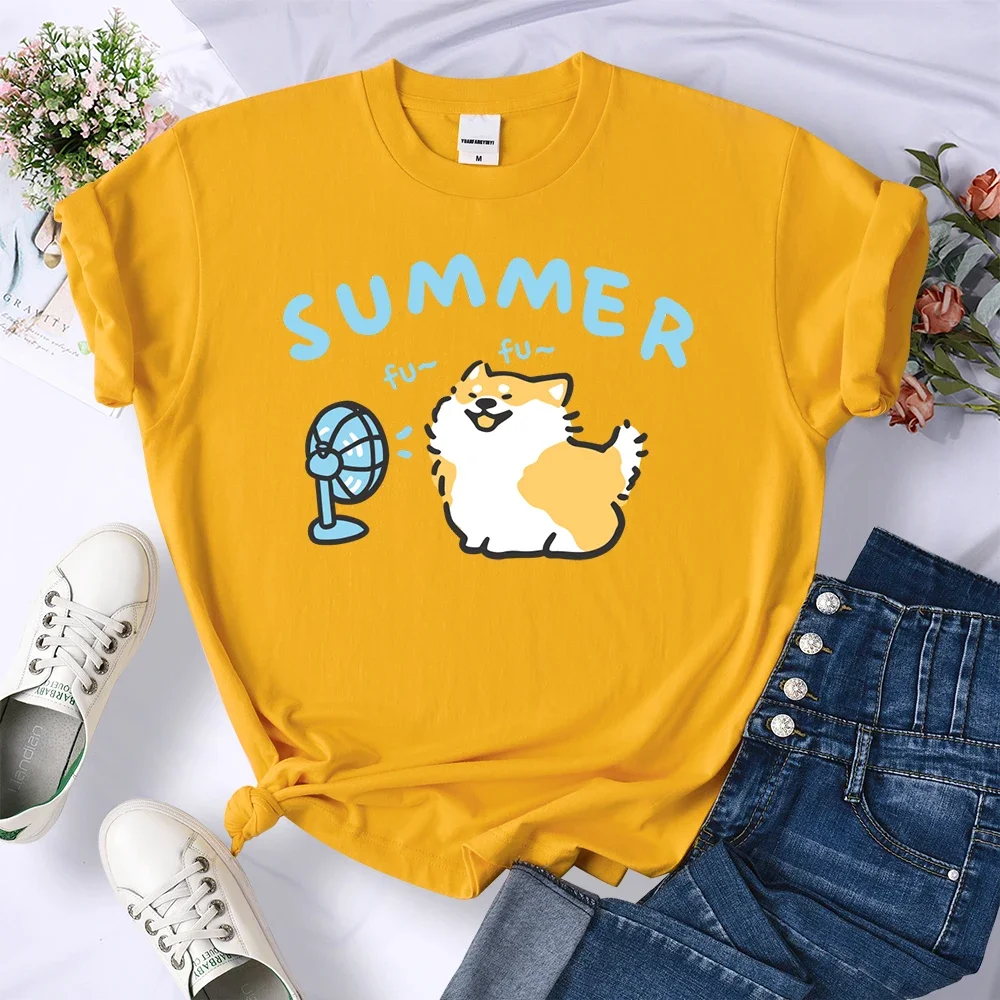 Women Summer Sport T-Shirt Loose  Breathable Streetwear Comfortable Short Sleeve Chai Gou Blowing Electric Fan Prints Tee Shirts