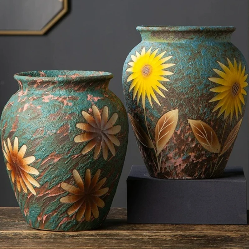 Rustic Farmhouse Ceramic Vase, Hand-Carved Round Tabletop Planter for Home & Office, Aesthetic Decor Accent for Living Rooms