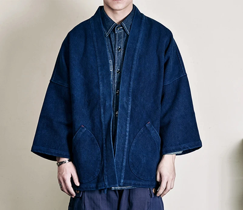 سترة كلاسيكية ثقيلة الوزن من النيلي للرجال من القطن Kendo بدلة قماش الخريف للرجال بجيوب فضفاضة مصبوغة باللون الأزرق سترة غير رسمية معطف سترة صوفية #6