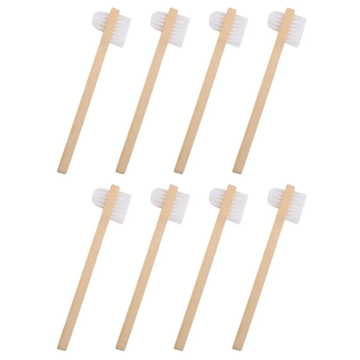 [N84R] 8pcs Double-Sided Nylon Medium-Hard Denture Brushes with Bamboo Ergonomic Grip for False Teeth and Aligner Cleaning