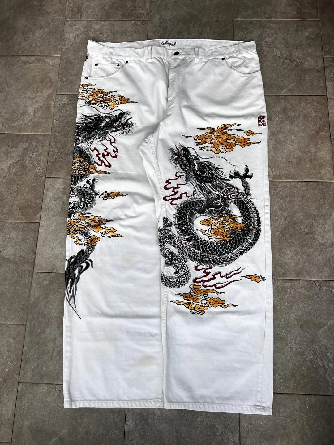 جديد الأبيض الجينز Y2K التنين نمط رجل الأمريكية شارع العليا الرجعية الكورية مستقيم السراويل Harajuku الهيب هوب زوجين السراويل واسعة #3