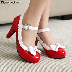 candy color Bow Mary jane Spike heel women shoes platform ankle strap pumps party cosplay uniform dress wedding shoes Femme