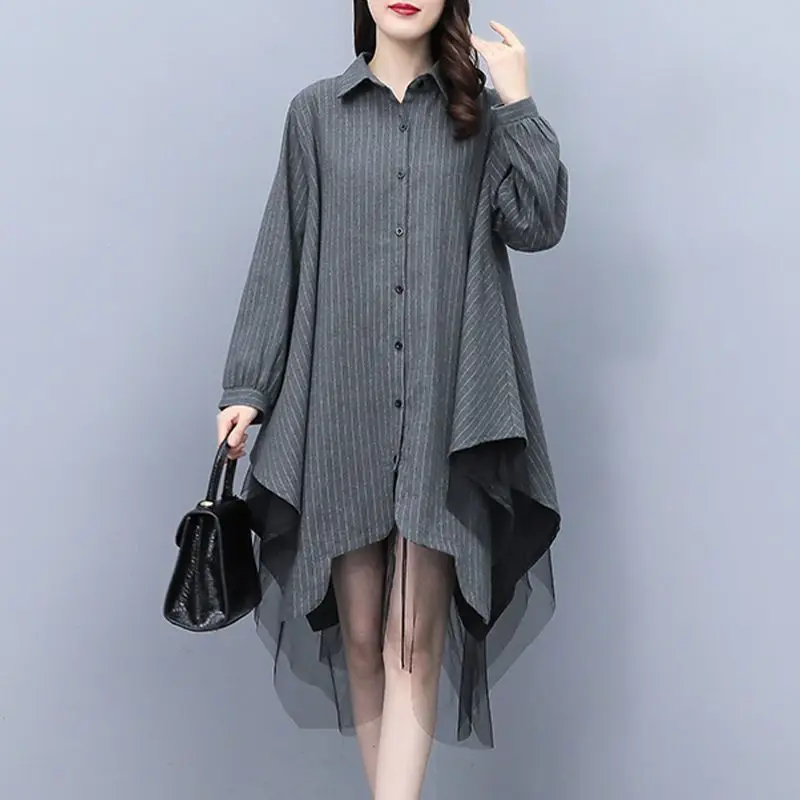 Women Clothing Chic Design Patchwork Shirt Spring Autumn Oversized Lace Button Irregular Tunics Korean Fashion Office Lady Tops