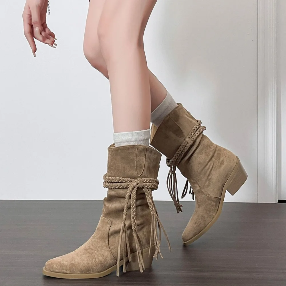 المرأة الخريف الأحذية البيج الرجعية مهدب الأحذية النسائية الربيع والخريف أنبوب البراري وأشار كعب سميك أحذية بوت قصيرة للمرأة #6