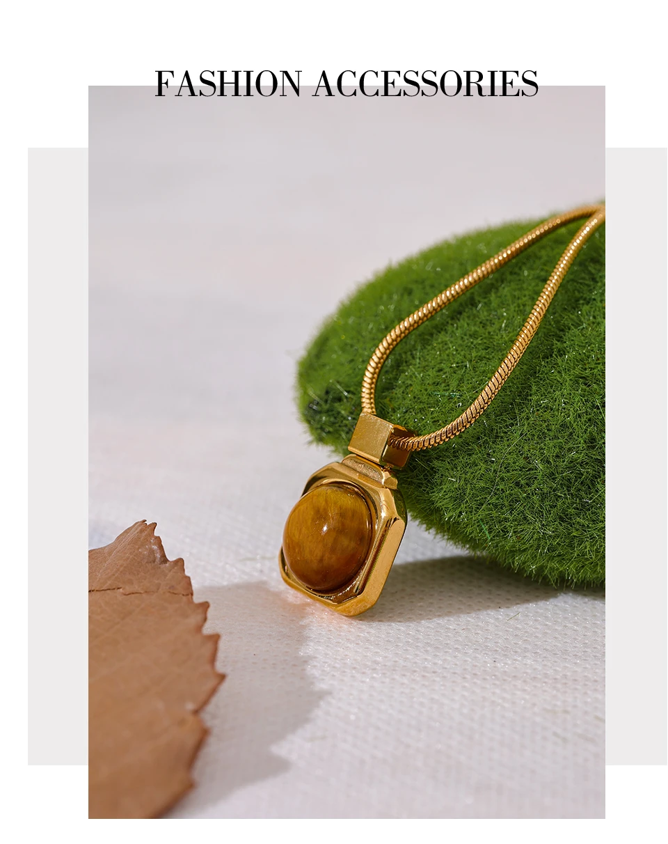 Yhpup High Quality Natural Tiger Stone Square Pendant Necklace Rust Proof Gold Color Fashion Collar Versatile Jewelry Gift