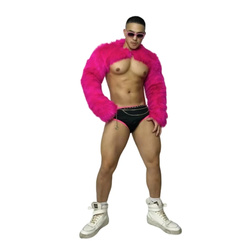 Muscle Man Club Show Rave Party Dance Costume Faux Fur Shoulder Sleeve Shorts Outfits DJ Dancer Gogo Performance Stage Wear