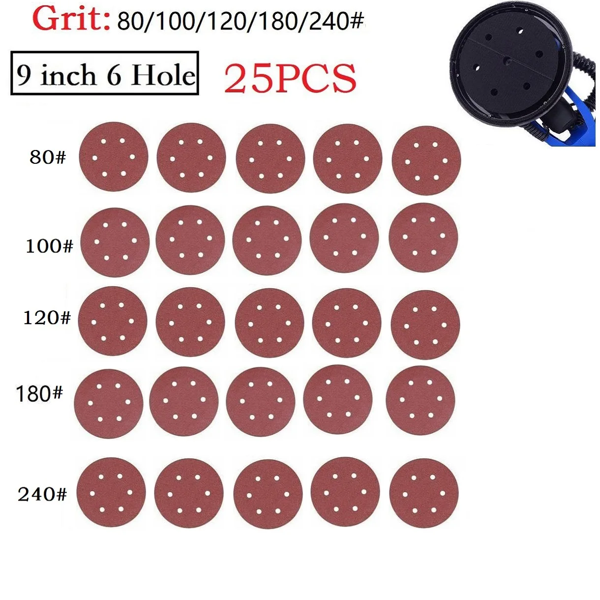 Abrasivi disco abrasivo grana 40-2000 dischi di carta abrasiva 25 pz/set 6 fori 9 pollici allumina auto lucidatura metallo 100 #