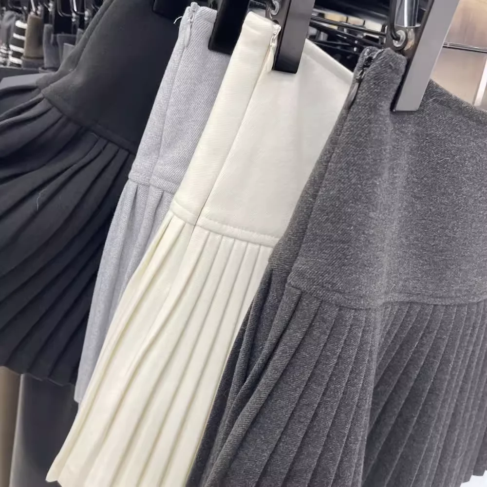 กระโปรงสั้นทรงเอพลีทผ้าวูลเอวสูงแฟชั่นสำหรับผู้หญิง