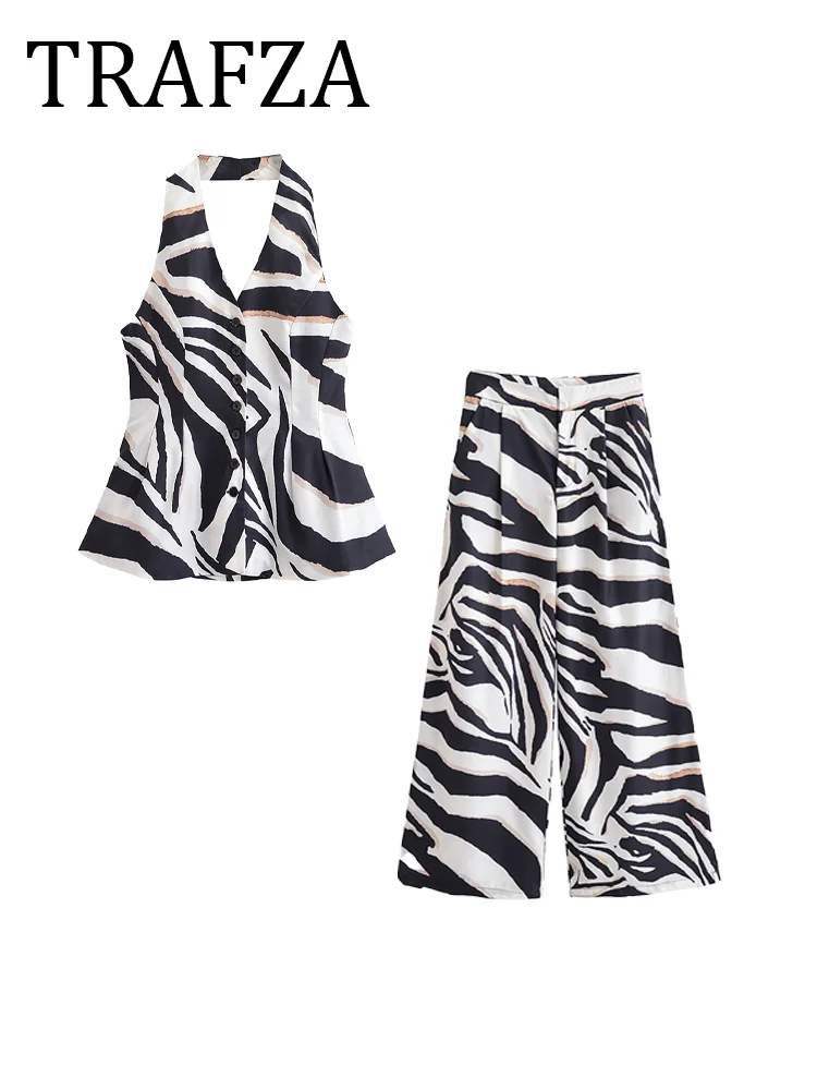 

TRAFZA Women's Zebra Print Wide Leg Pants Suit 2025 Summer Outfit V Neck Fit Halter Waistcoat+Trousers Elegant Lady 2 Pices Set