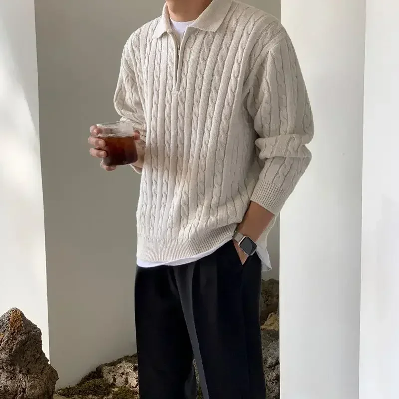

LIBIELIY Korean Style Men Half-Zipper Knitted Sweater Autumn Solid Color Loose Niche Premium Feeling Turn-Down Collar Pullover
