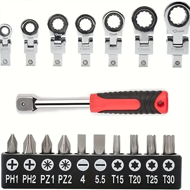 EE1 Household Steel Ratchet Wrench Screwdriver Set Interchangeable Head Shaking Ring Wrench Socket Spanner Pack in Hard