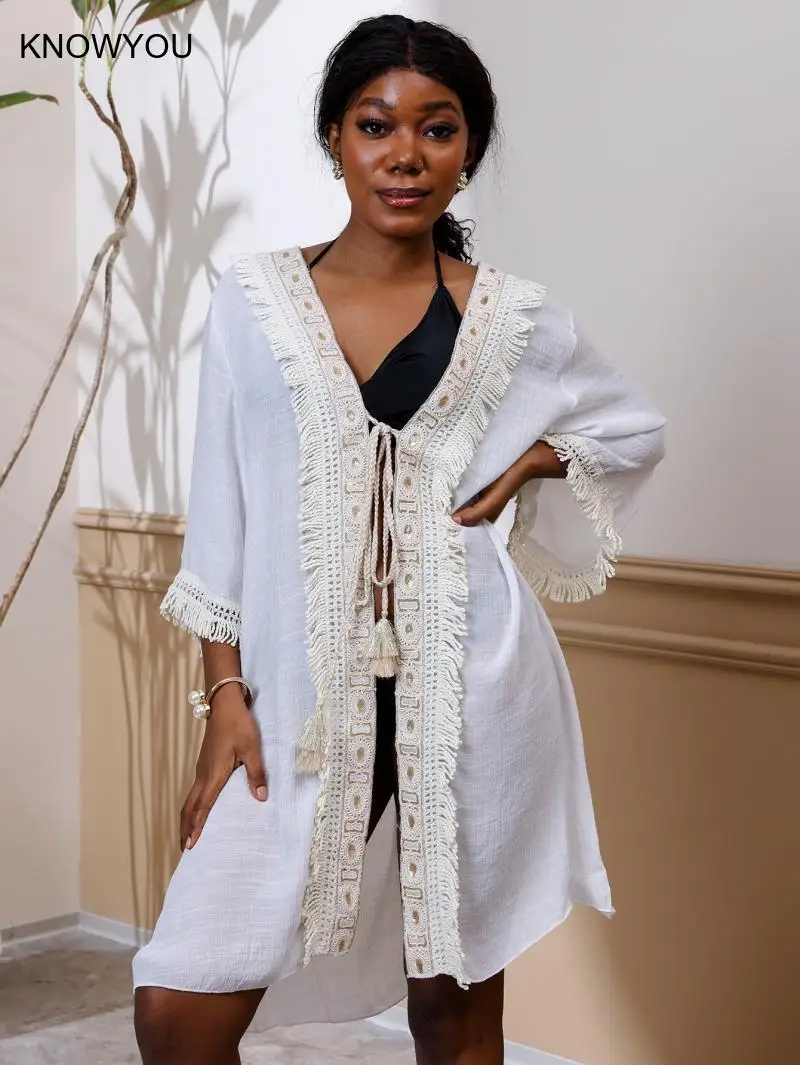 Exy Beach protección solar cubrir estilo bohemio Casual cárdigan abierto mujeres con cordones traje de baño Sexy Cardigan Bikini batas
