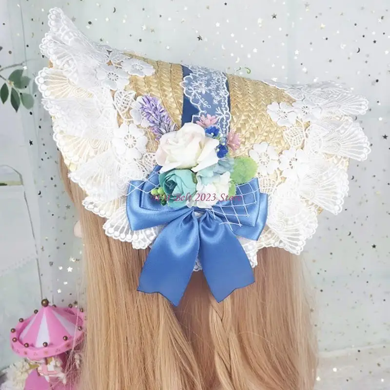 49ME 로리타 목가적 인 보닛 밀짚 모자 Sun C 용 달콤한 프릴 레이스 리본 보우 코스프레