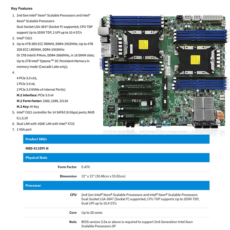 X11DPi-N Motherboard Xeon Scalable Processors LGA3647 DDR4 E-ATX 6144 6148 8176 4210R 6248 FOR C621  X11DPI N server Mainboard