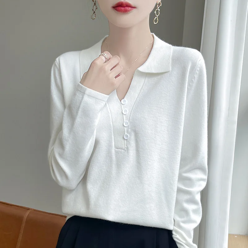 

2024 autumn polo collar long sleeved women's wool knitted base sweater loose and versatile small sweater casual top