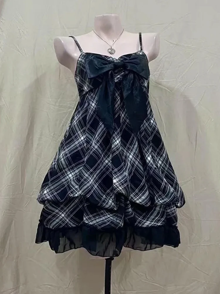 

Новое японское винтажное мини-платье для женщин: летнее, с бантом, в клетку, в стиле пэчворк, Y2K, Харадзюку, без рукавов, милое, в стиле преппи, на бретельках