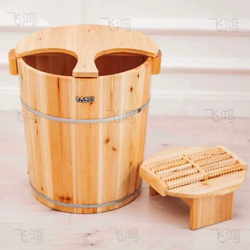 

HYS high foot soaking wooden bucket foot basin solid wood foot therapy bucket household bath bucket lidded